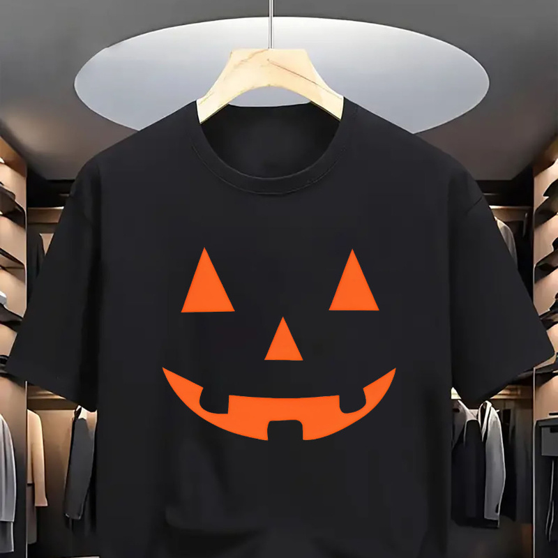 

Men's Halloween Pumpkin Face Print T-shirt, 100% Polyester Knit Fabric, Regular Fit, Casual Crew Neck Tee With Slight Stretch, Breathable Short Sleeve For Sports & Outdoor - Summer Collection