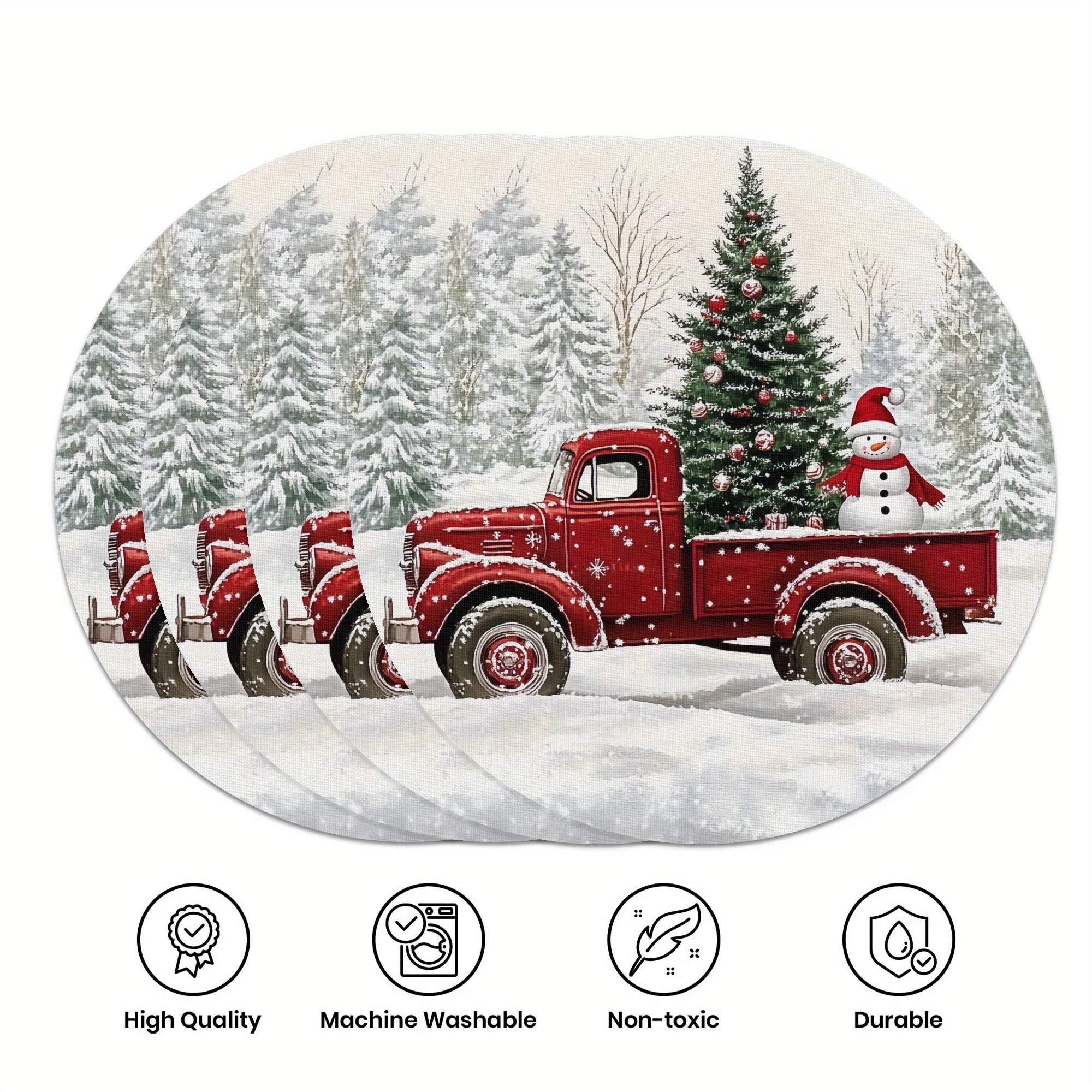 

4 Piece Polyester Woven Christmas Placemats - Fun Snowman & Round Table Mats, Hand Wash Only, Decor For Kitchen, Party, And Banquet Dining - 15-inch Single-sided Mats