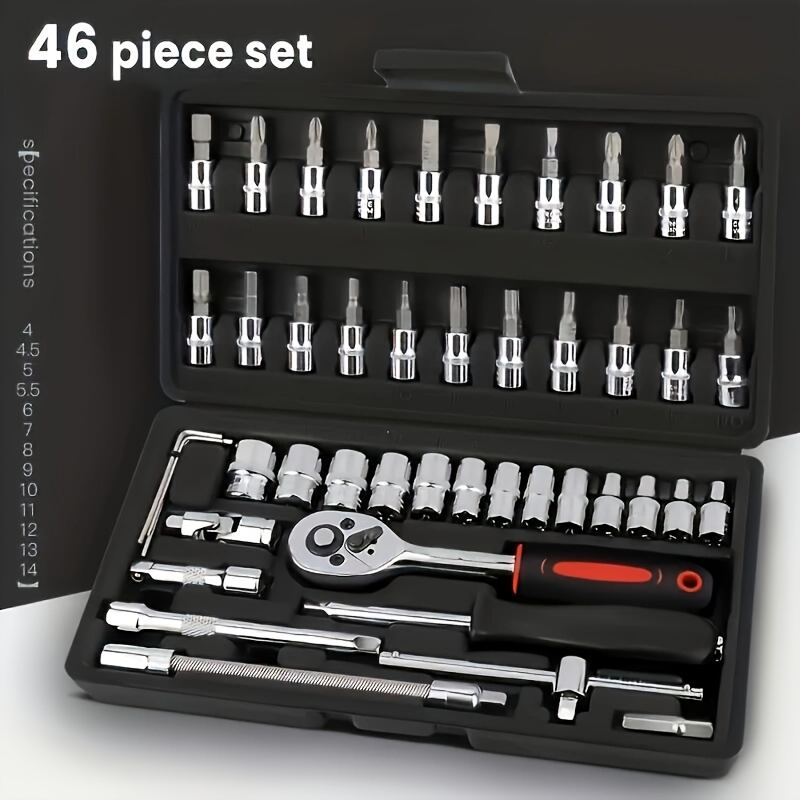 TEMU 46pcs Wrench Set With Bits & Extension - Steel, -functional Tool Kit For Auto, & Motorcycle Repair