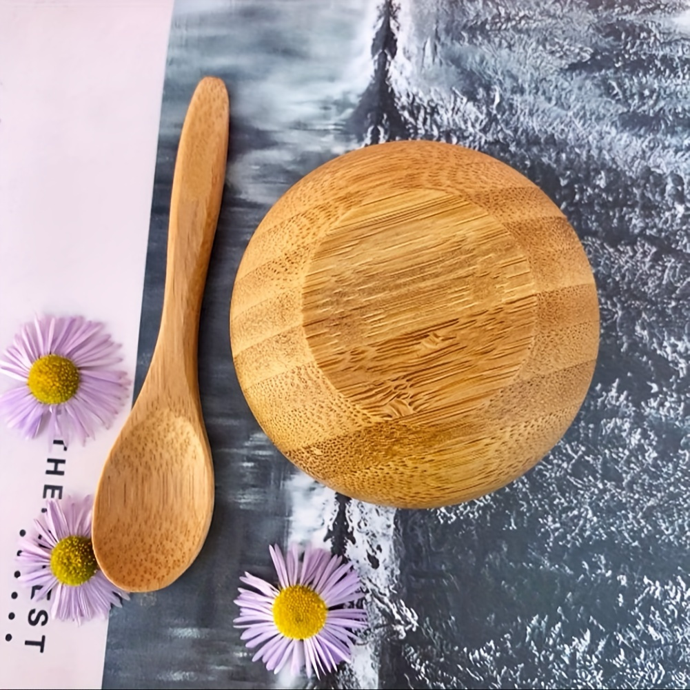 Juego de 2 piezas de tazas de bambú - Mini taza de madera natural con cuchara de juego para mascarillas faciales, sin fragancia, no requiere batería
