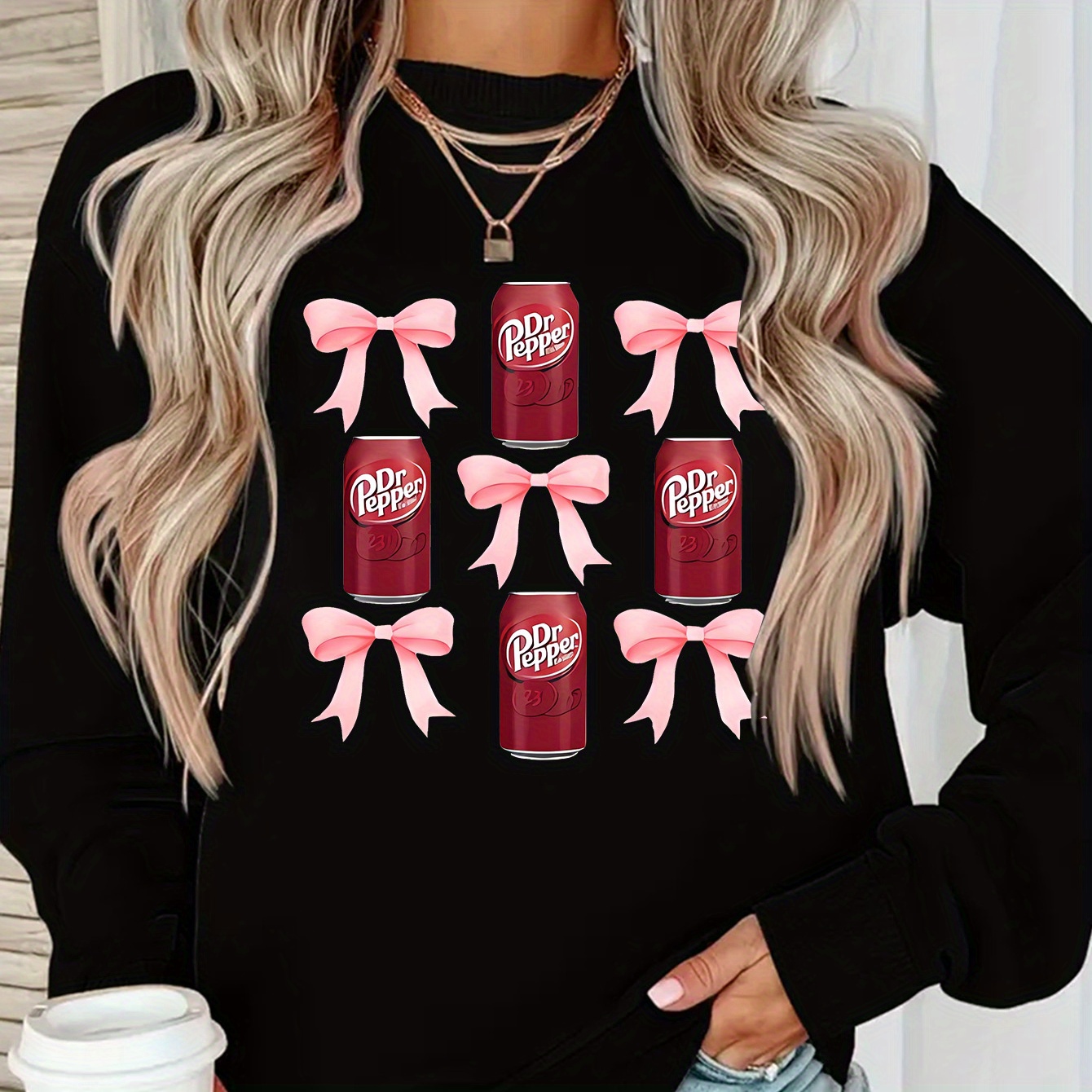 

Bow Knot Pattern Print, Women's Round Neck Long Sleeve Sweatshirt, Plush Lined, Top For Fall And Winter, Women's Clothing