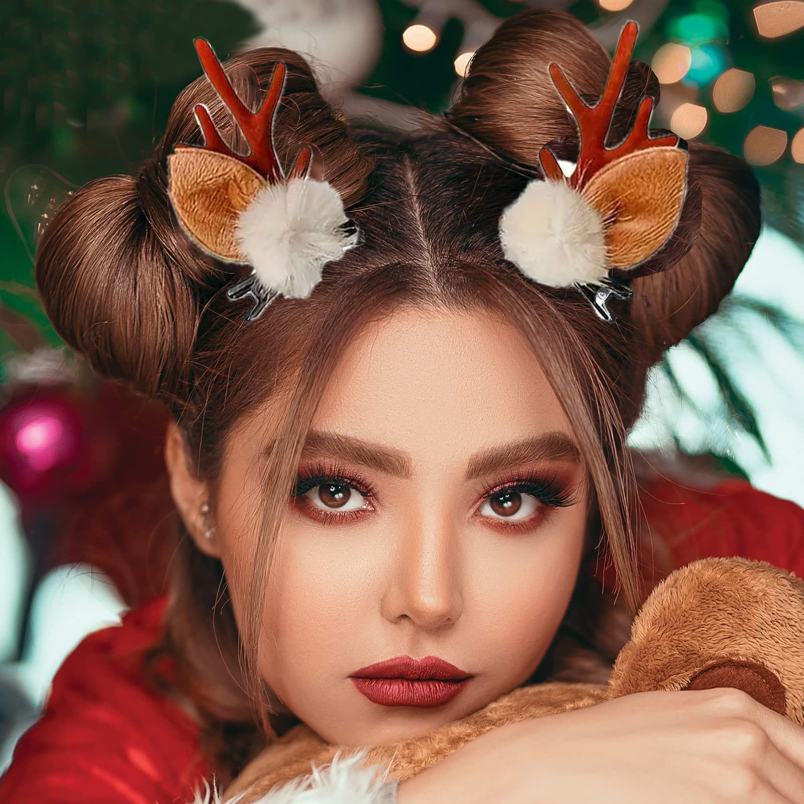 

2pcs Set Christmas Reindeer Antler Hair Clips, Cute Soft Brown With Bow, Plastic Festive Hair Accessories For Adults, Suitable For 14+