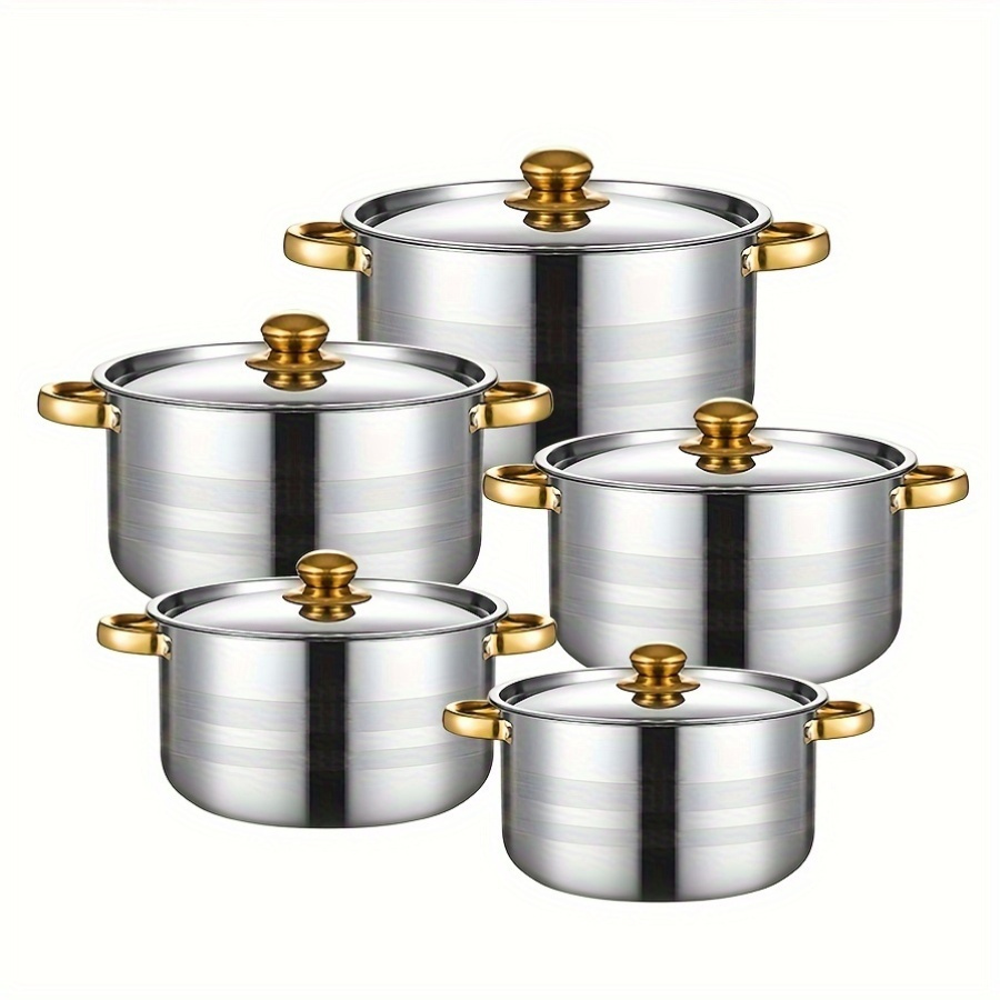 a set of 10 stainless steel stew pots with lids multi functional kitchen utensils suitable for induction cookers double handled pots suitable for cooking soup stew noodles 5 sizes   and no power required details 6