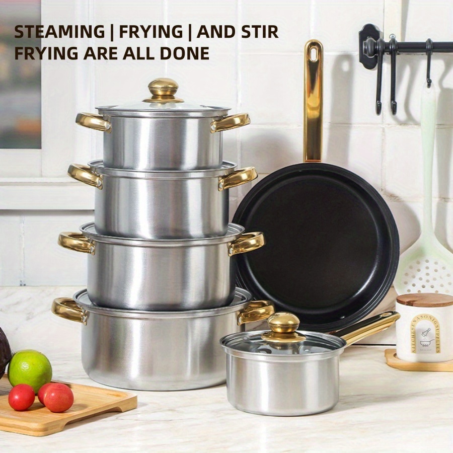 

Baijl 12pcs Stainless Steel Cookware Set - , Gold-plated Handles For Gas & Induction - Includes Soup, Frying, Milk Pots