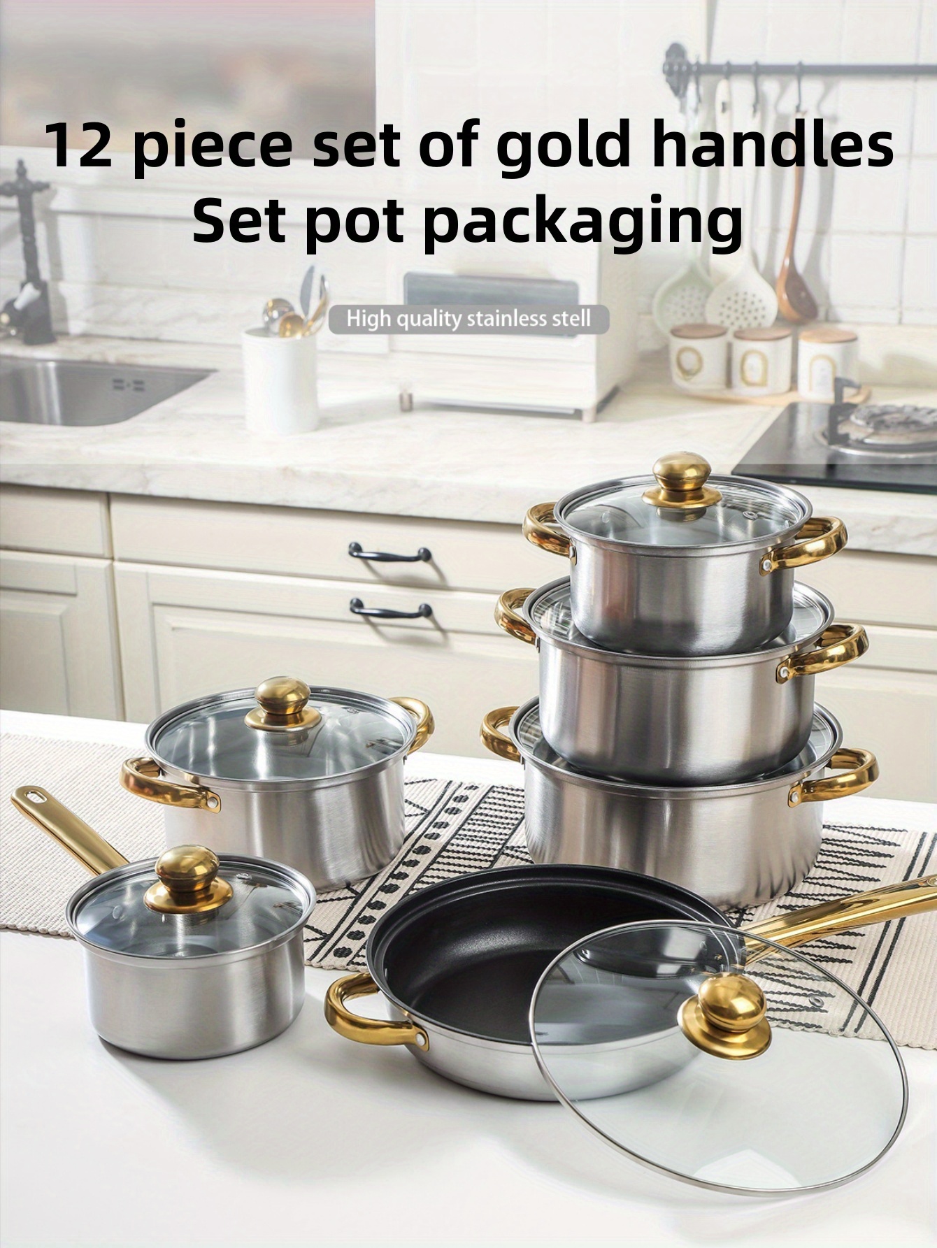   12pcs stainless steel cookware set non stick gold plated handles for gas induction stoves   soup frying milk pots details 0