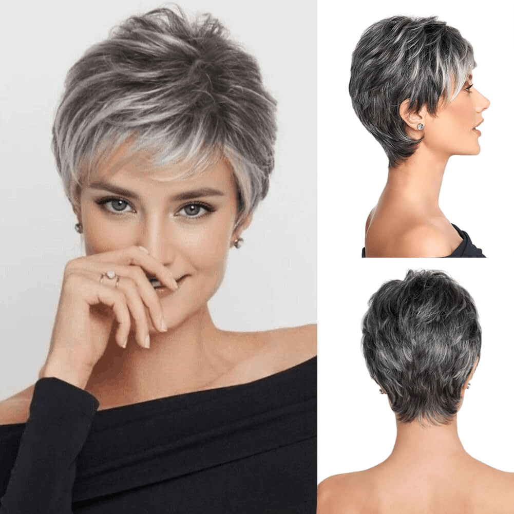 

Short Cut Ombre Wigs For Women Fluffy Soft Mixed Color Black Grey Heat Resistant Synthetic Fashion Wigs For Women Suitable For Daily And Halloween Party