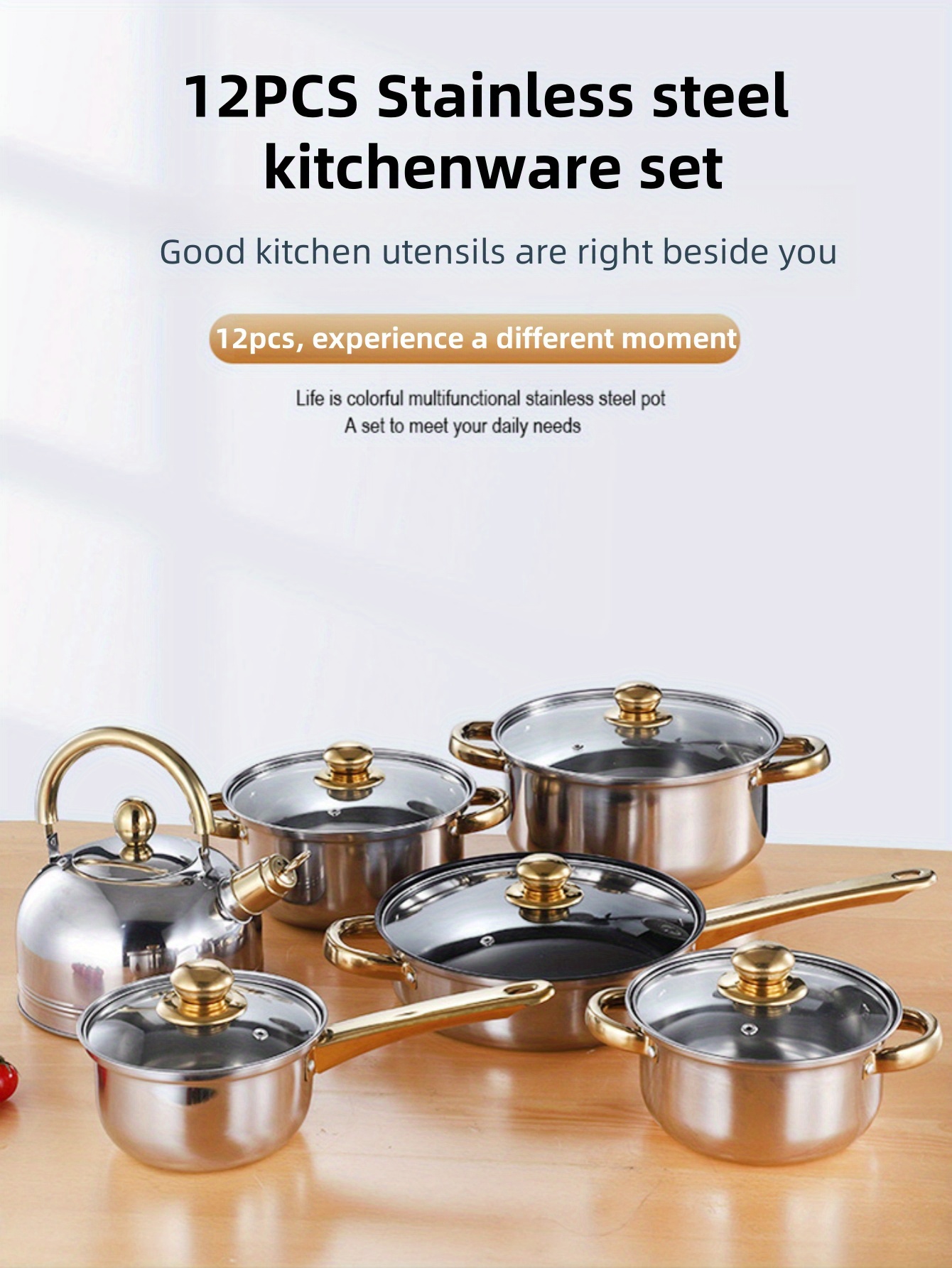   12pcs stainless steel cookware set with golden handles   soup milk and frying pots with kettle   home kitchens restaurants details 0