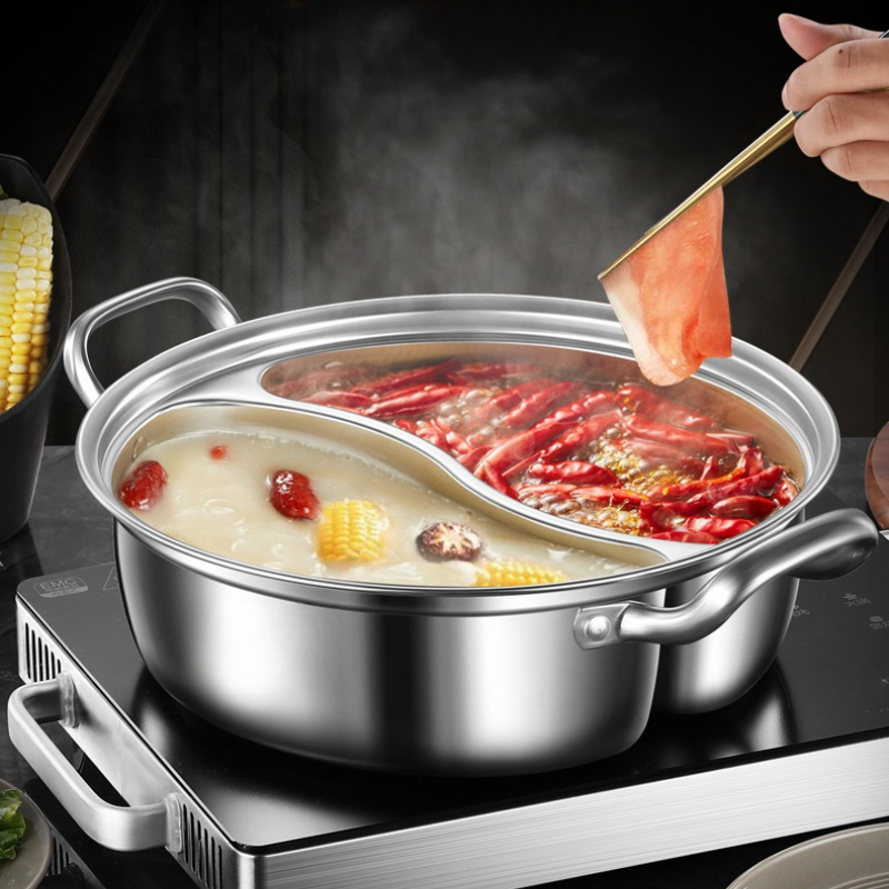 

12.6" Stainless Steel Dual- Hot Pot With Lid - Thickened, Integrated Design For Home Use, Induction Compatible