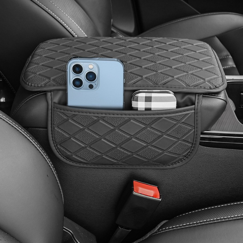 TEMU 1pc Pu Leather Car Armrest Pad With Side Storage Bag, Scratch-resistant And Wear-resistant, Multifunctional Cushion For Car Interior, Universal , Car Organizer Accessories