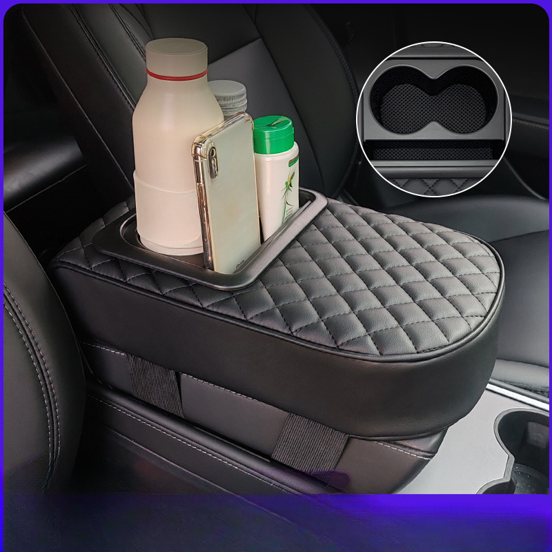 

1pc Universal Car Armrest Pad With Cup Holder And , Pu Console Storage Bag With Memory Foam, Height-adjustable Pad With Mobile Phone Storage, Suitable For Car Accessories