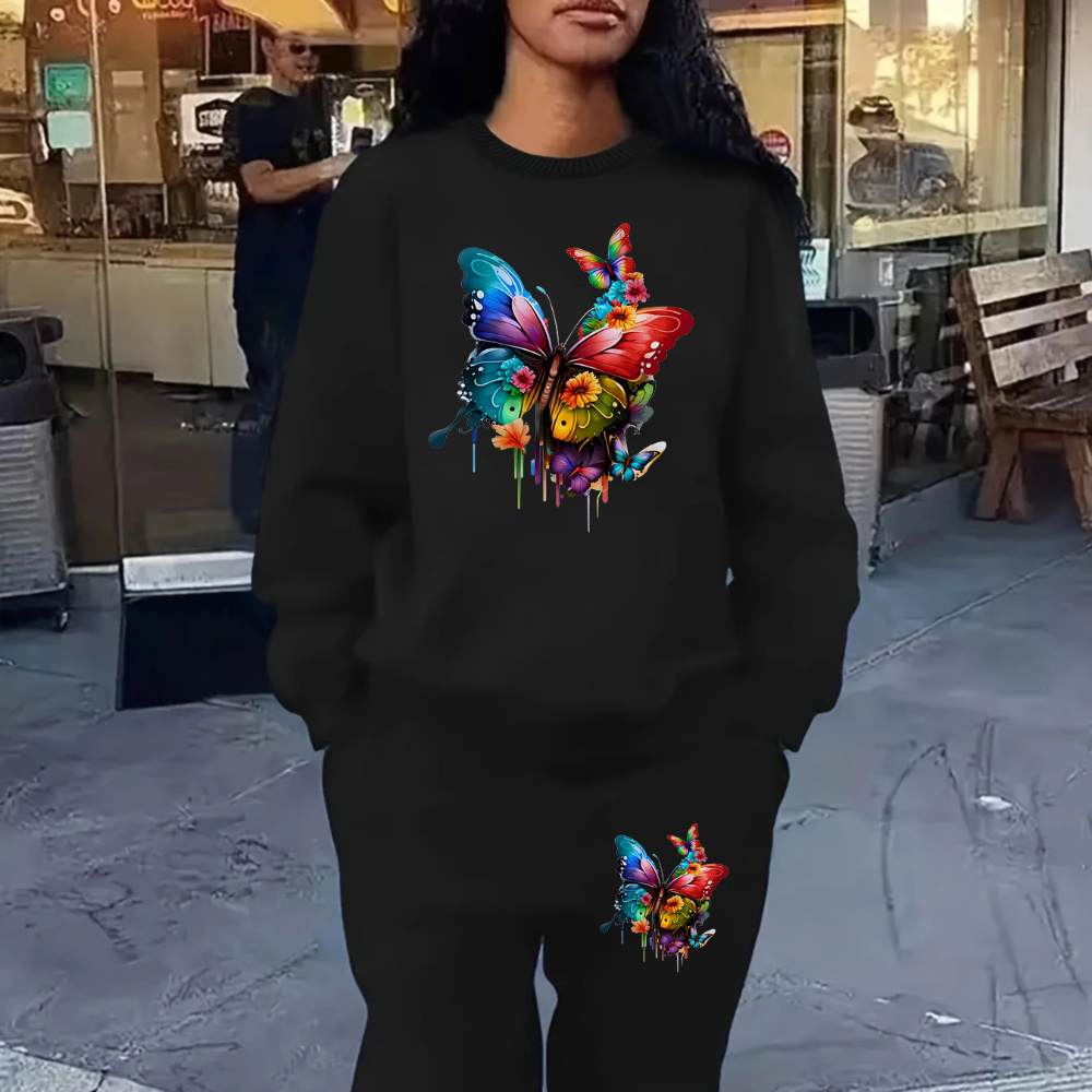 

Women's Graphic Knit Sweatshirt And Jogger Set - Casual Fall/winter Polyester Sportswear With Pockets, Machine Washable