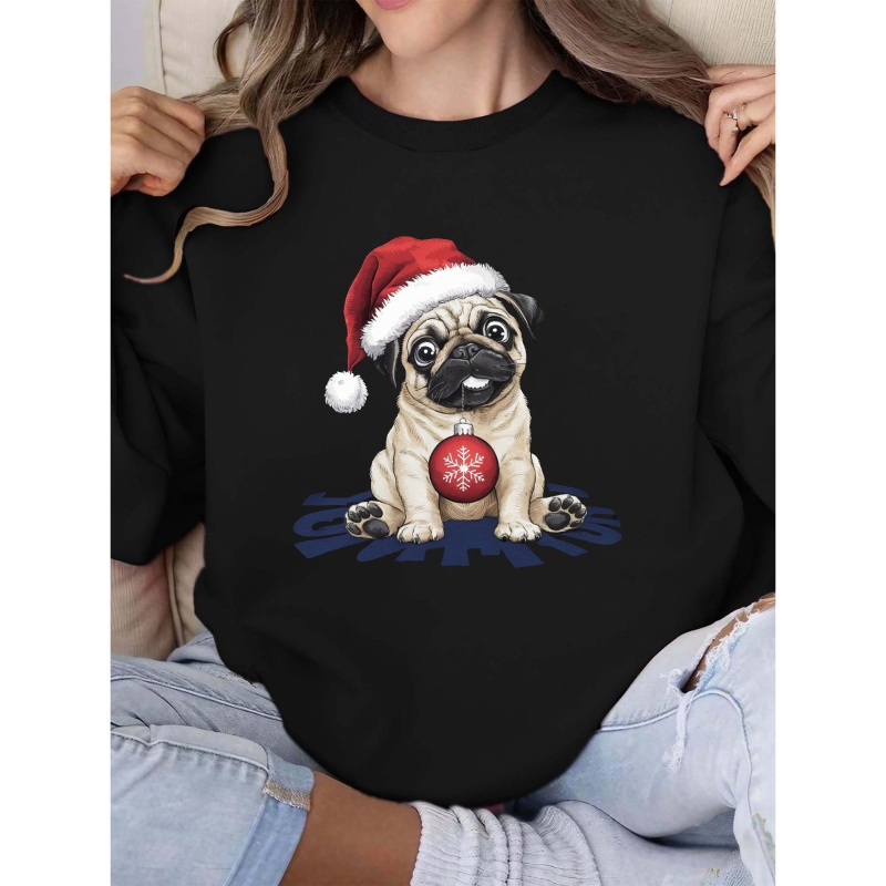 

Women's Polyester Crew Neck Christmas Sweatshirt With Pug Print - Casual Knit Fabric Long-sleeve Top For Fall/winter, Geometric Pattern, Regular Length