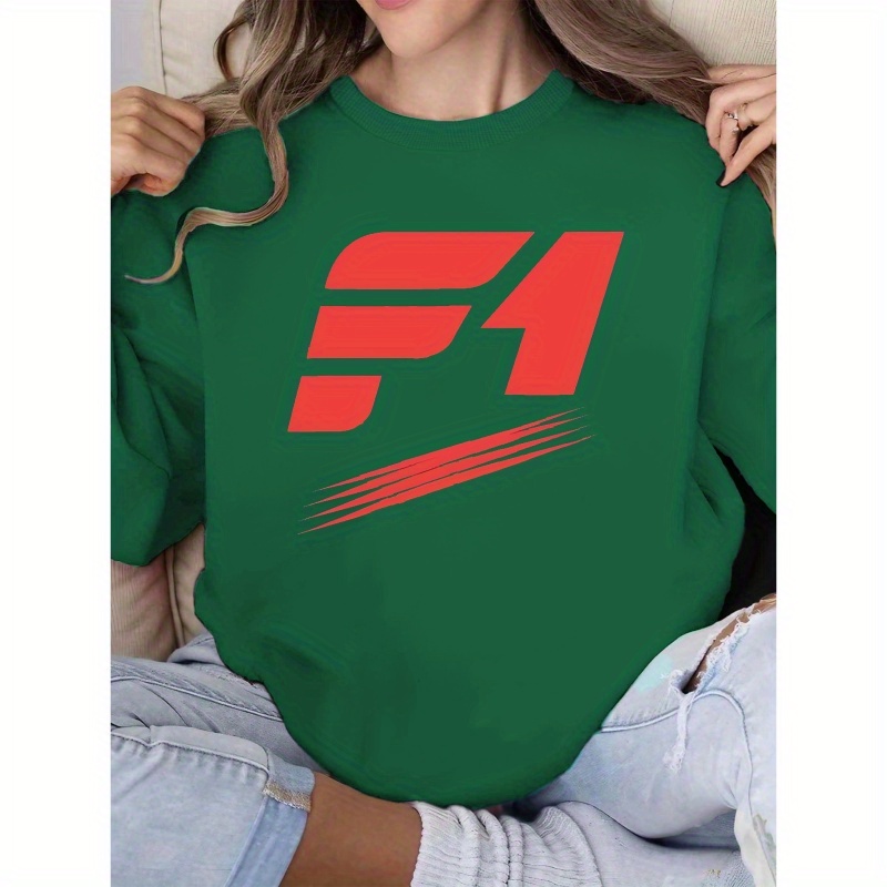 

Women's F1 Logo Sweatshirt - 100% Polyester Casual Crew Neck Pullover With Geometric Pattern - Knit Fabric Regular Length Top For Fall/winter