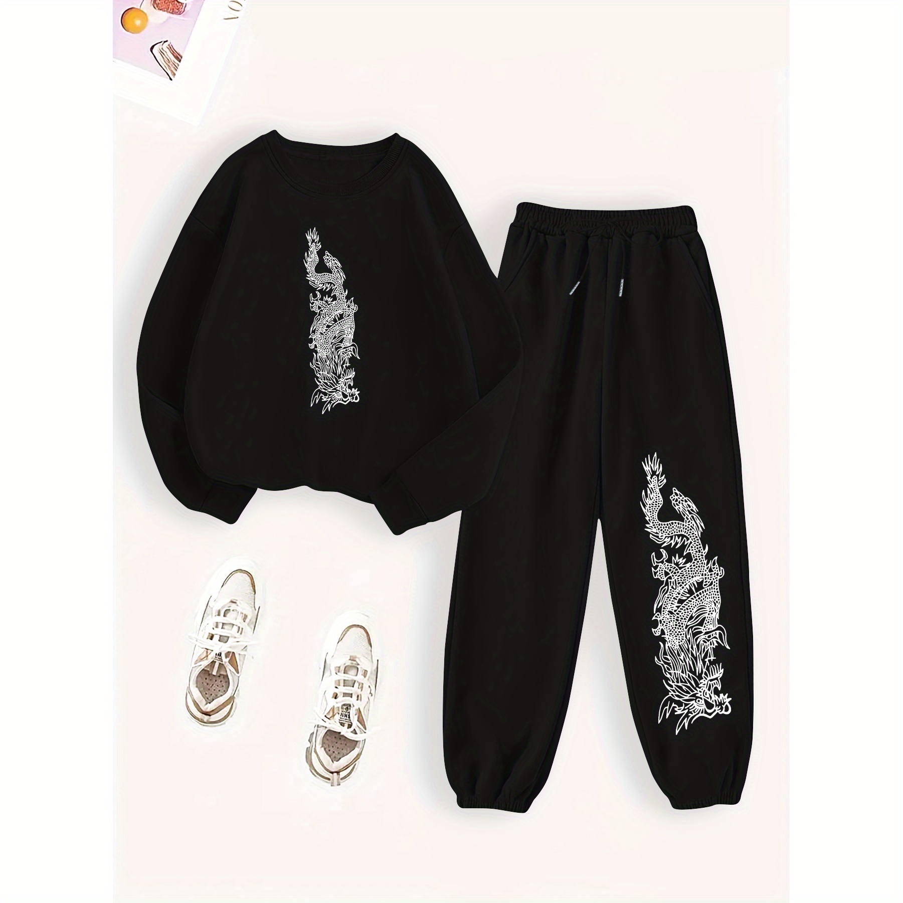 

Women's Casual Letter Print Sweatshirt & Joggers Set - Cozy Polyester Knit, Crew Neck, Long Sleeve, Machine Washable - Fall/winter
