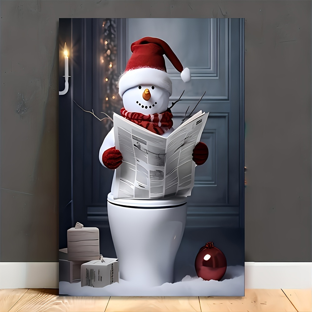 

Humorous Snowman Bathroom Poster, Christmas Snowman Newspaper Reading Canvas Art Print, Decor Wall Art, Unique Gift For Christmas