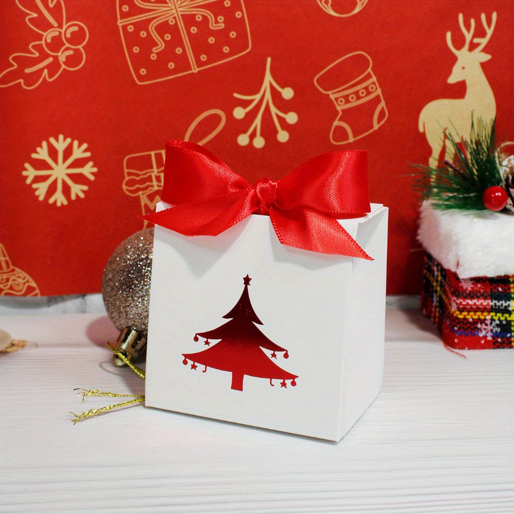 TEMU 10pcs Mini Christmas Gift Boxes With Ribbons - Paper Treat Bags For Candy, Chocolates & Stocking Stuffers - Holiday Party Favors & Decorations
