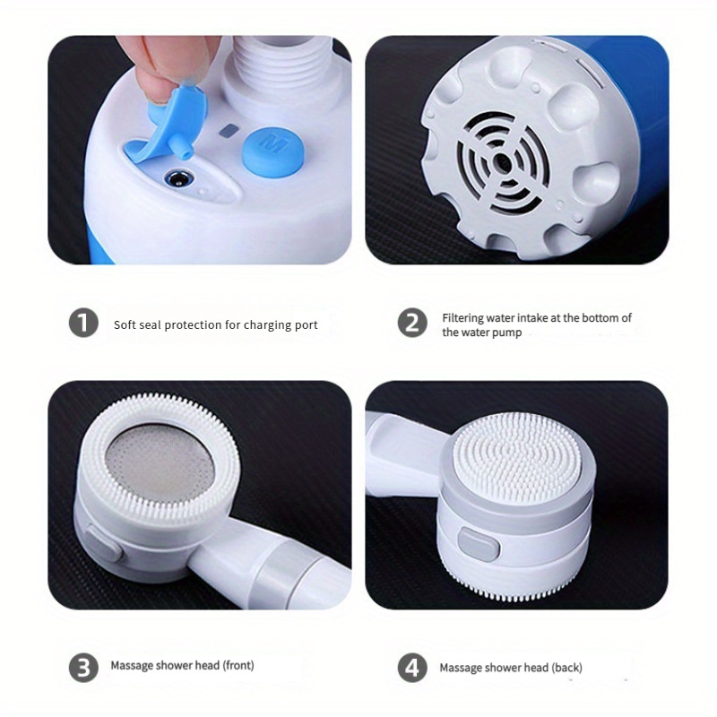 chuveiro elétrico portátil 2- para e rv com cabeça de chuveiro e escova de massagem de limpeza em silicone, bateria de capacidade de 5000mah com carregamento usb que ser usada por muito tempo, de dormitório, caminhadas, banho de animais de estimação, lavagem de carro detalhes 7