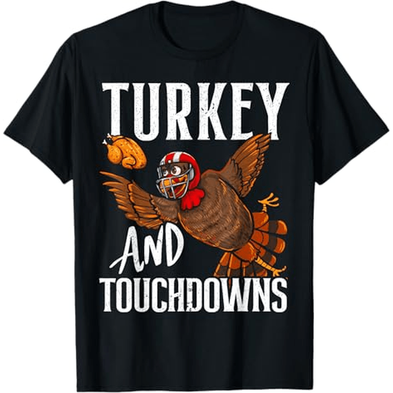 

Turkey & Touchdowns Football Thanksgiving T-shirt, 100% Cotton, Thanksgiving Christmas Gift For Men Women Dad Mom Friends, S-xxxl, Black