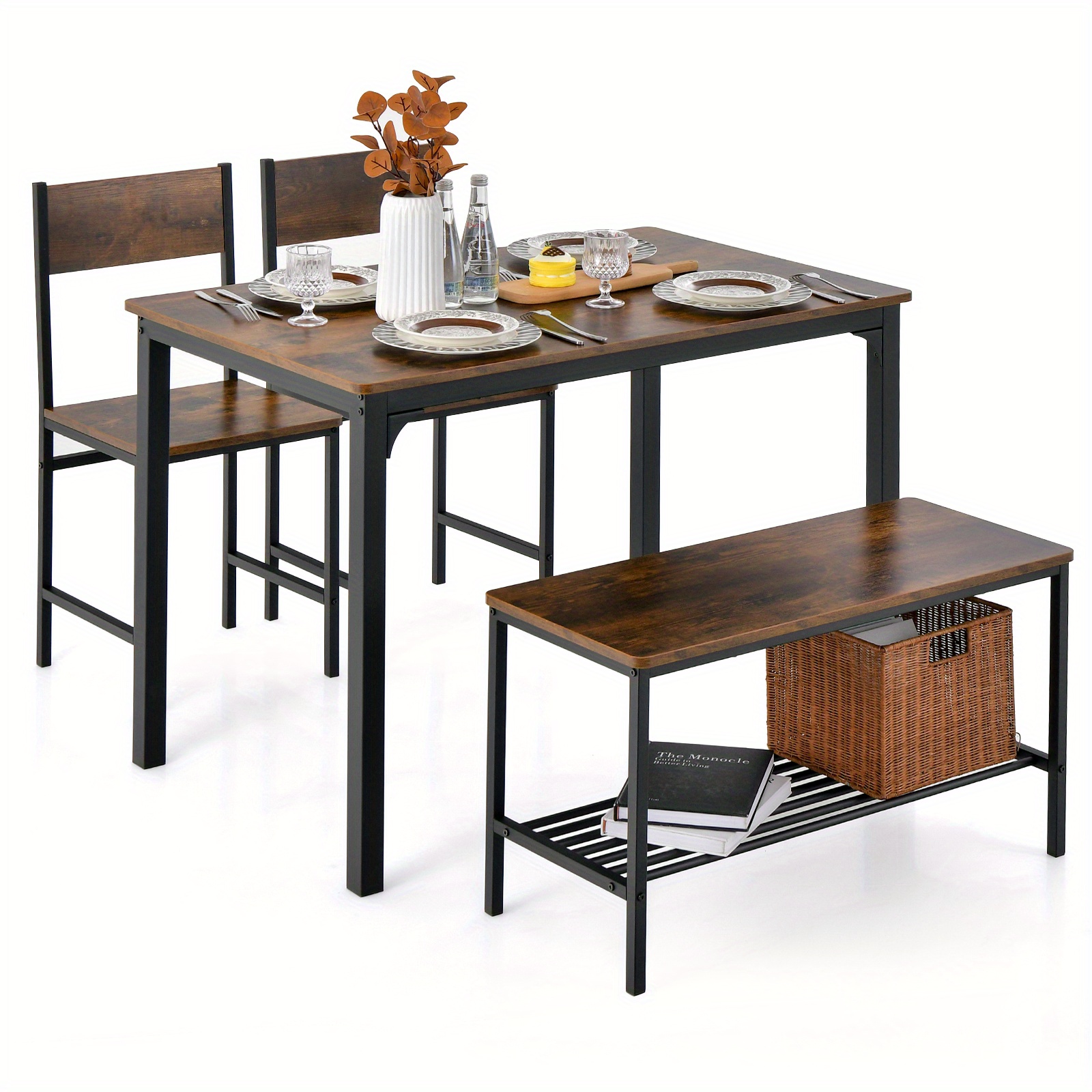 TEMU Ensemble de table à manger 4 pièces MULTIGOT, ensemble de table de cuisine industrielle avec 2 chaises et un banc pour 4, ensemble de meubles de