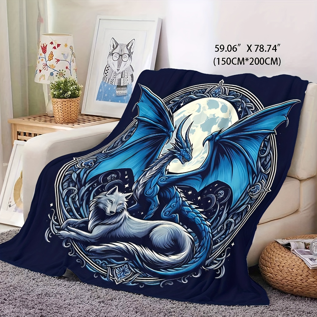 

Dragon And Wolf Flannel Print Blanket - Soft, Cozy, And Lightweight Knitted Polyester Bedding With Vibrant , Machine Washable, Comfort, Ideal Gift For Fans - Contemporary Style, Theme -free, , And