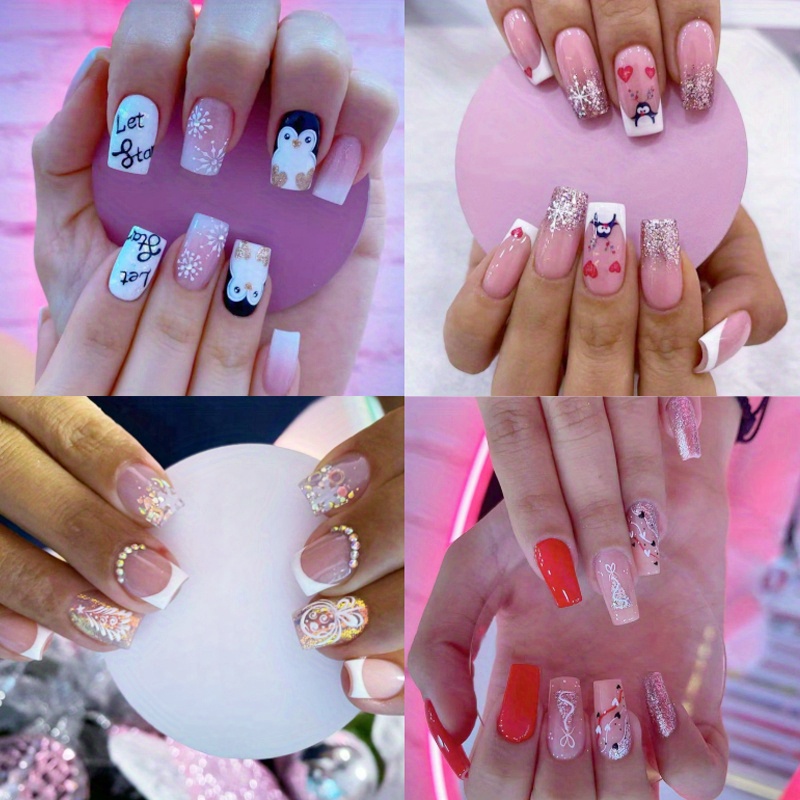 

96 Nail, Christmas Short Square Pearl 3d Rhinrhinos Wear Nail Snow Christmas Tree Candy Glitter Glitter Fake Nail And Winter Penguin Glitter Square Wear Nail Christmas Snow Nail