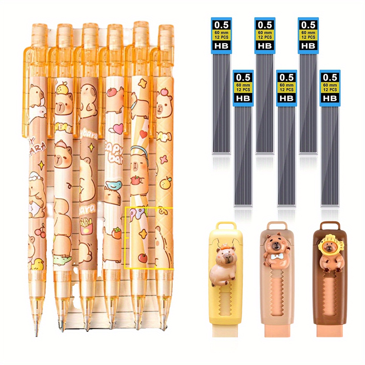 

15pcs Capybara Theme Cute Mechanical Pencil Set, 6pcs Mechanical Pencils 0.5mm With 360pcs Hb Pencil Leads, 3pcs Capyb