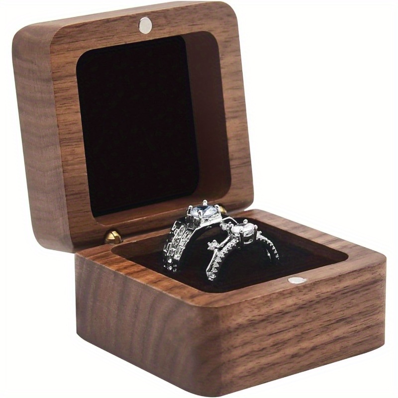 

Vintage Wooden Ring Box With 2 Slots - Elegant Square Double Holder For Wedding, Engagement & Proposal Rings - Rustic Jewelry Gift Case With Zipper Closure