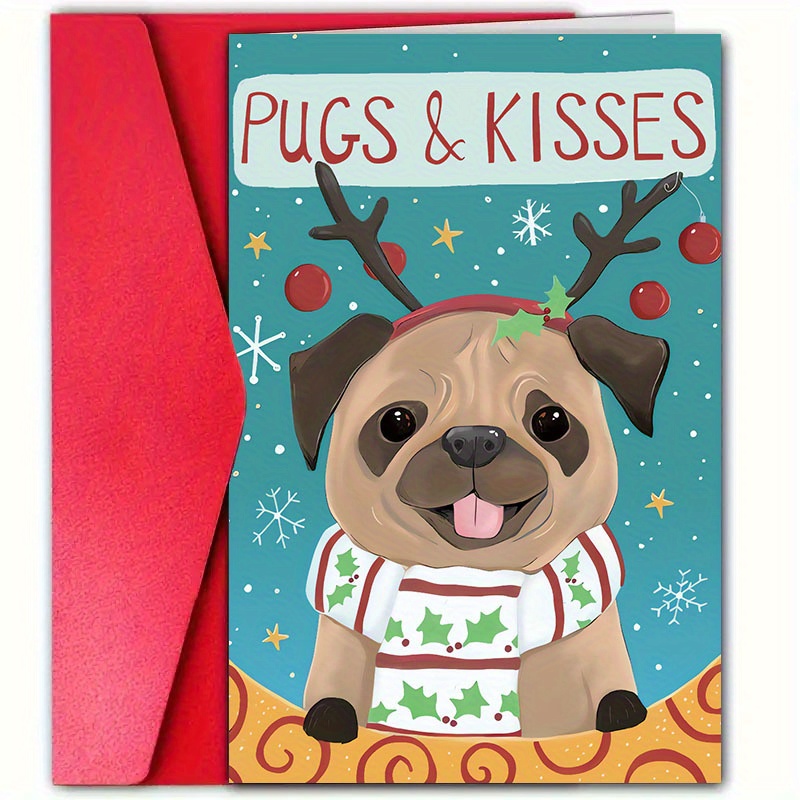 

1pc, Pug & Kittens Christmas Card With Envelope (4.7x7.1 Inches), Cute Animal Holiday Greeting, Friends, Family, And Pet Lovers, Seasonal Paper Gift Card