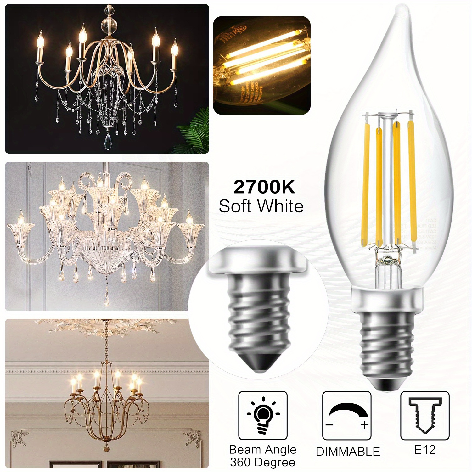 

5/ 10/ 20 Pack Led Bulb, E12 Socket Pendant Bulb, 5.5w 60w, 2700k , 550lm, 90+ High Cri, Dimmable, For Kitchen, Bedroom, Living Room, Hotels, Museums, Galleries, Restaurants, Christmas Decoration