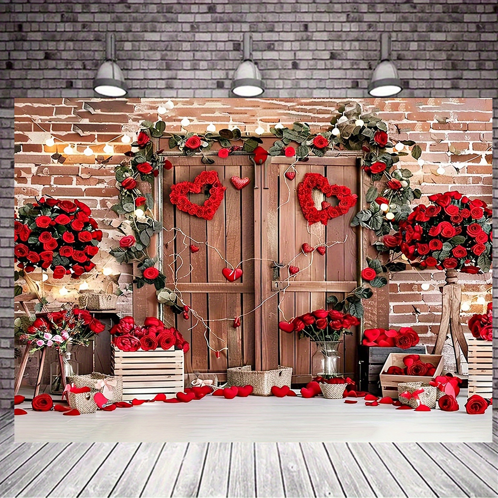 

Valentine's Day Photo Backdrop With Brick Wall, Wooden Door, Red Roses, - 39x59 Inch Polyester Banner For Wedding, Anniversary, Day Party Decorations - No Electricity Needed