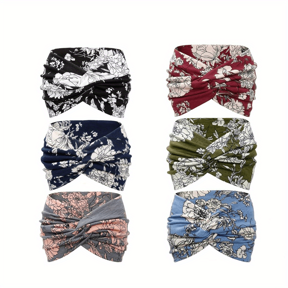 6pcs Women's Fashion Printed Headbands - Elastic, Knotted Cross Design For Yoga And Sports