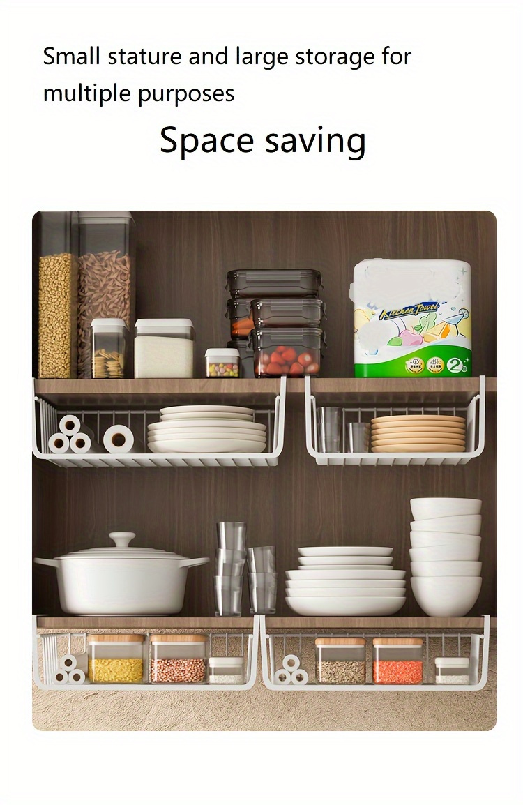 1pc multipurpose hanging kitchen organizer under cabinet no drill shelf   space for cookware essentials effortless setup versatile use storage rack cabinet mounted accessory for   details 4