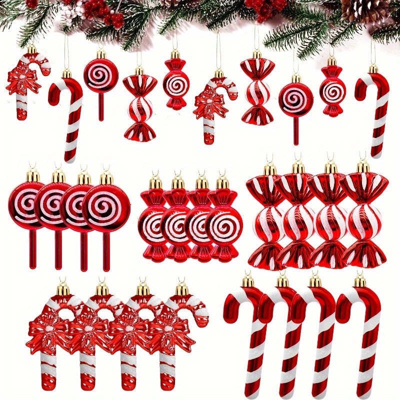 

20-piece Christmas Candy Cane And Lollipop Ornament Set, Red And White Plastic Tree Decorations, Holiday Hanging Decor For Party, Home, Room, Window - Plastic Ornaments With Hanging Strings