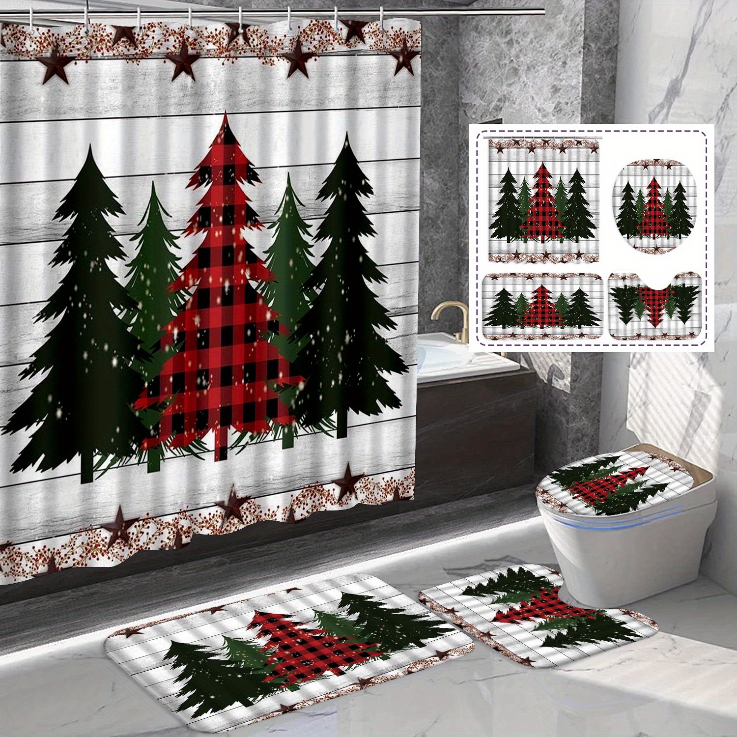 

/4pcs Christmas Tree Shower Curtain Set, Wooden Decoration, Bath Mat Carpet, Odd-shaped Mat , Shower Curtain, 71x71 , Bathroom Decoration