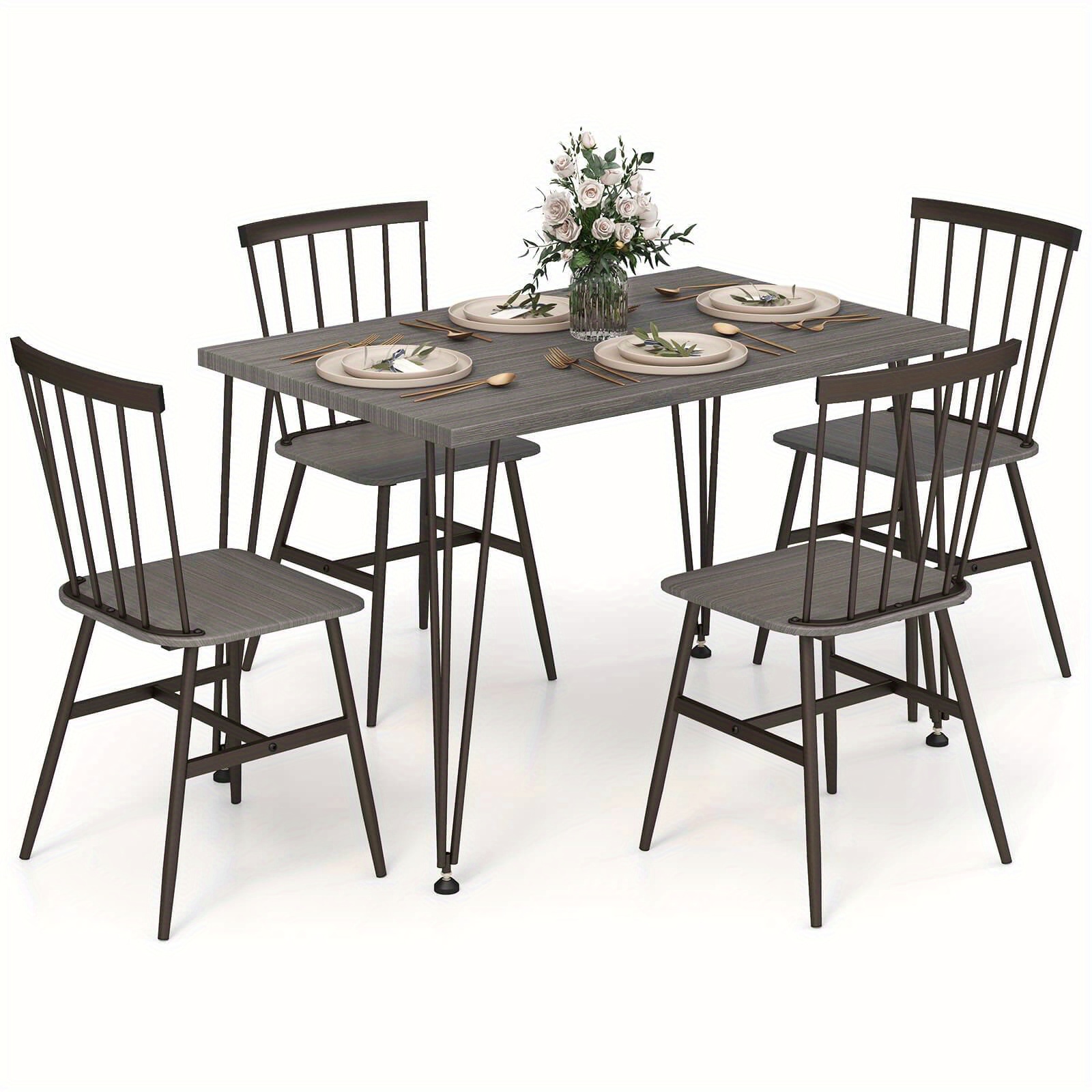 

5-piece Dining Table Set For 4, Dining Room Furniture Set W/ Kitchen Table, 4 Chairs, Feet, Metal Frame, Dinette Set For Small Place Home Office