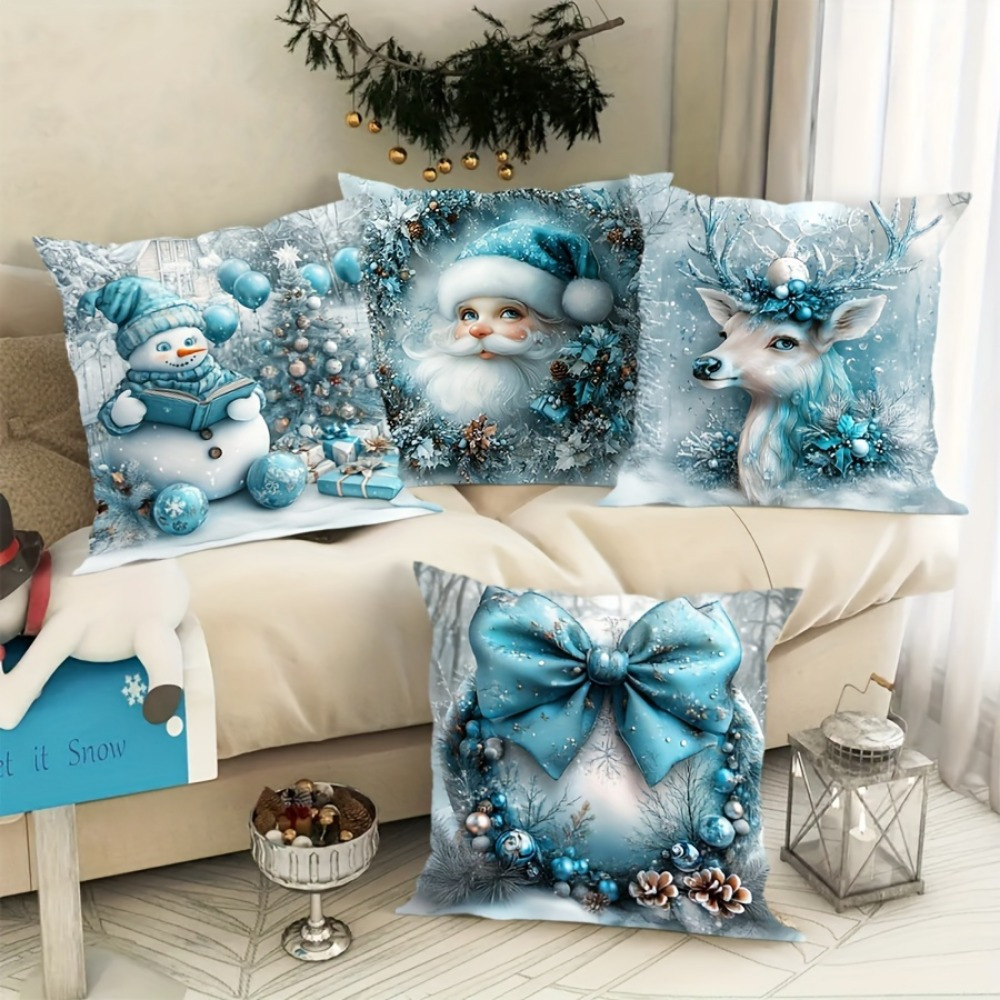 

4-pack Christmas Cushion Covers, 18x18 Inches, Santa & Reindeer Design, Traditional Style, Polyester, Zipper Closure, Machine Washable, For Living Room, Bedroom, Office Sofa Decor