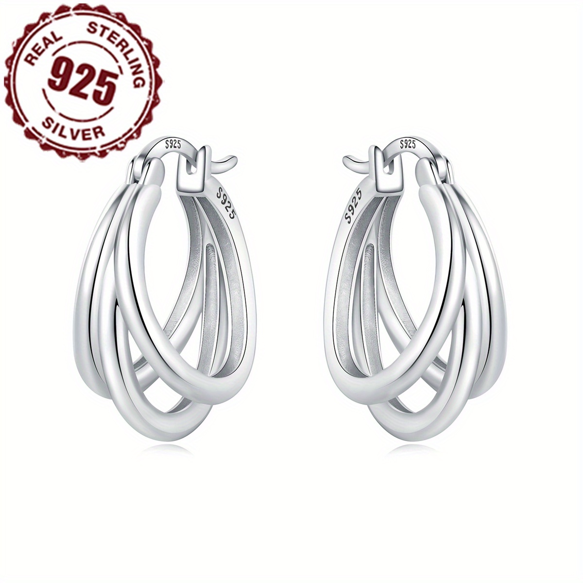 TEMU 925 Sterling Silvery 3 Ring Earrings | Design For Women, Fashionable Daily And Vacation Additions, , Pure Silvery, Suitable For All