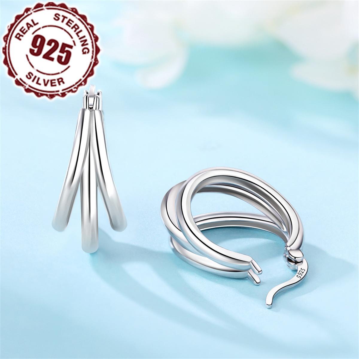 925 sterling silver triple hoop earrings for women elegant   fashion jewelry for daily vacation wear no plating pure silver ear needle versatile for   details 1