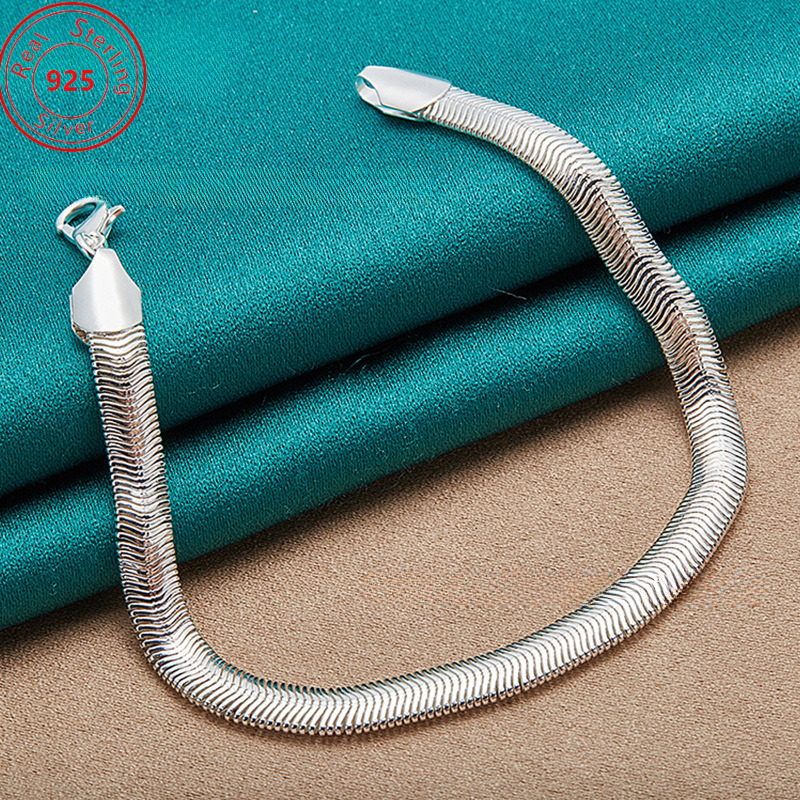 

6mm S925 Pure Silvery Hip-hop Flat Snake Chain Bracelet - Fashionable, Elegant And Simple - Suitable For And Parties - Men's Trendy And Gift