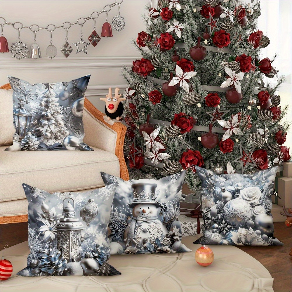 

Luxury Silvery Christmas Pillow Set - 4pcs Snowman & , Comfortable Decorative Throw Pillows With Zippered Closure, Machine Washable, 18x18 Inches - Living Room & Bedroom Holiday Decor, Christmas Decor