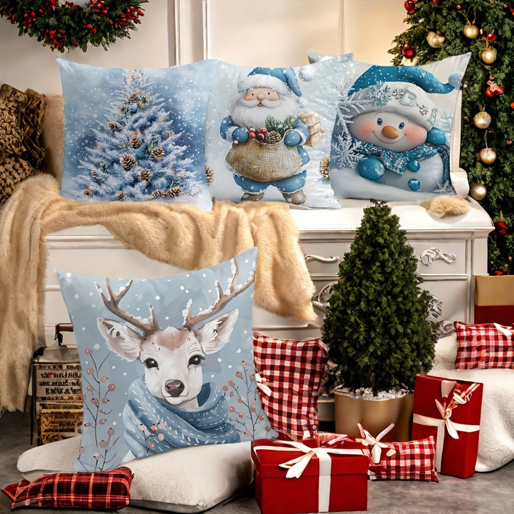 

4pcs Christmas Throw Pillowcase Set - Santa Claus, Snowman & Reindeer Designs | Soft Polyester, Zip Closure | Ideal For Holiday Decor | Machine Washable | 18x18 Inches, Christmas Decor