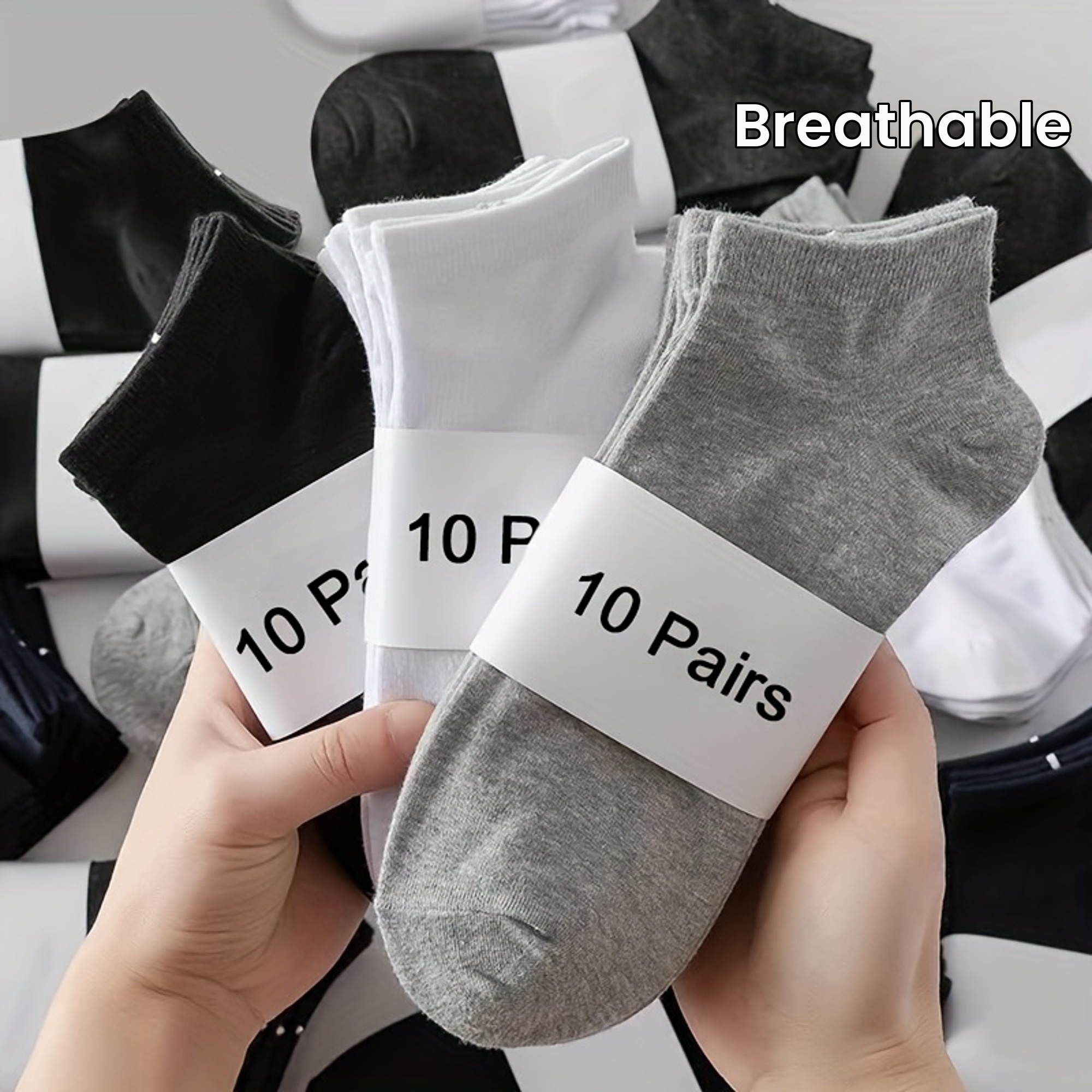 

10 Pairs Of Men's Casual Plain Socks, Thin, Breathable, Comfortable, Odor Proof, Sweat Absorbing Socks, Suitable For All , Sports Socks In Black, White, And Gray