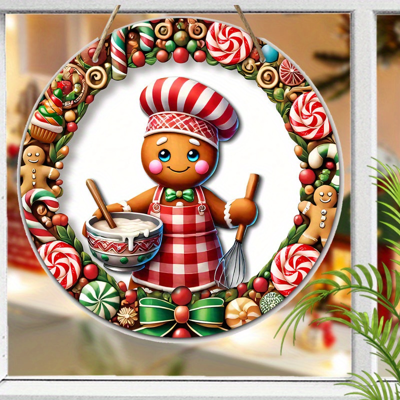 

2d Gingerbread Man Chef Wooden Wreath, Christmas Cooking Themed Door Hanger, Gingerbread Hat & Candy Wall Decor, Holiday Porch Wooden Decoration, Gingerbread Kitchen Wreath Sign