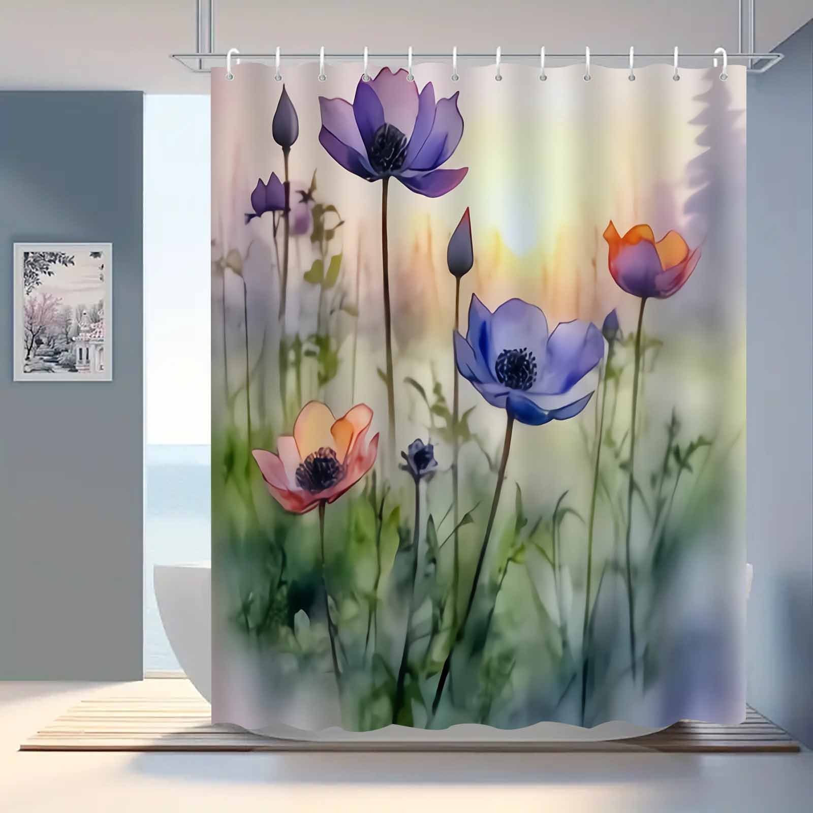 

Floral Watercolor Bath , Elegant Knit Fabric Waterproof Bathroom Decor With Hooks, Machine Washable Polyester Artistic Print Accessory, Water-resistant Bath Screen