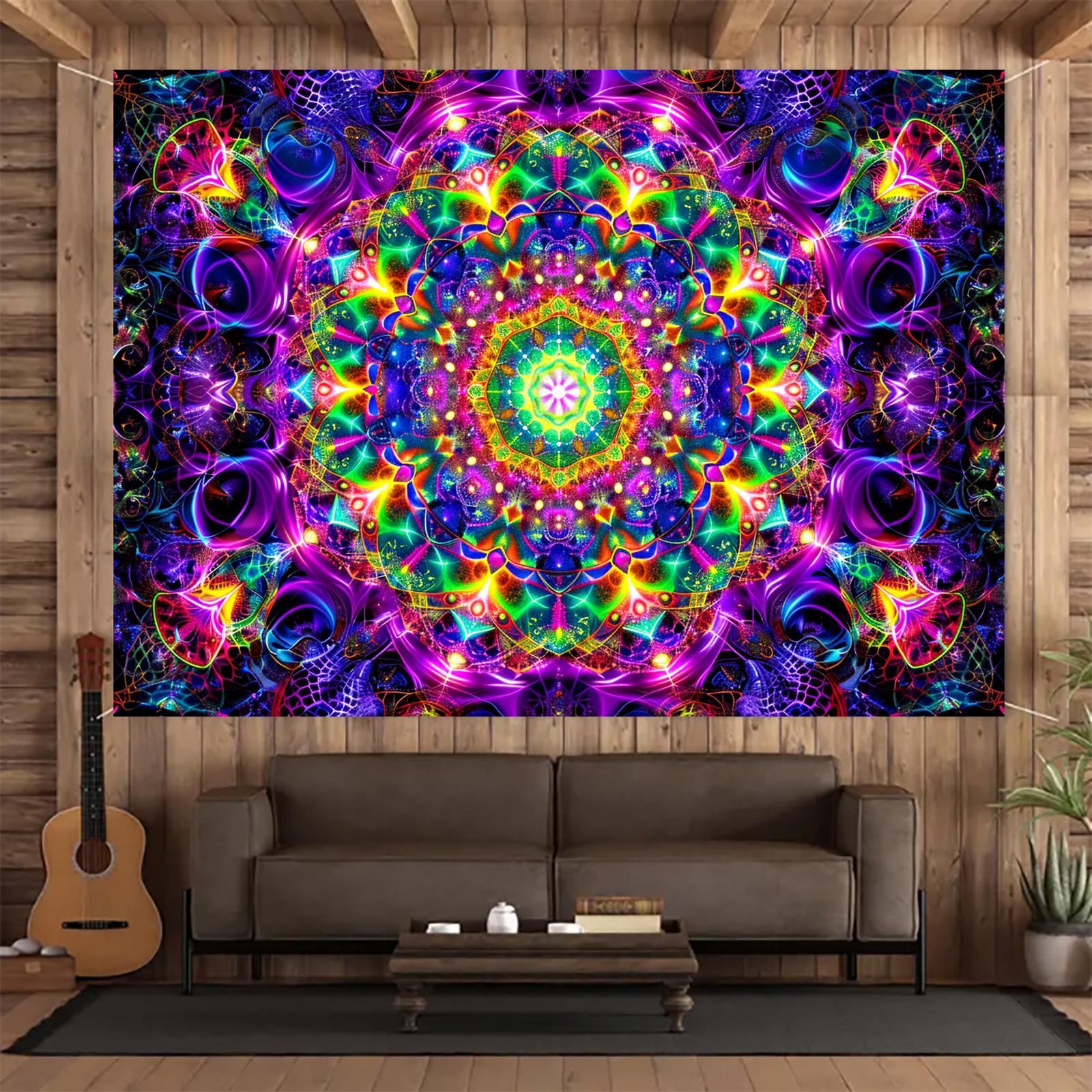 

1pc Bohemian Mandala Fluorescent Tapestry, Hippy Aesthetic Polyester Wall Hanging, Party Banner For Living Room, Bedroom, Office, Home Decor, Holiday Decor