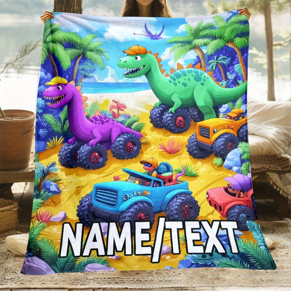 

Customizable Dinosaur Truck Flannel Throw Blanket - Personalized Name, Soft Warm , No Electricity Needed, Featherless Polyester Material For Sofa, Couch, Travel, Camping, Office - 1pc