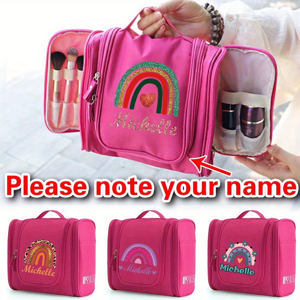 

Customizable Pink Canvas Cosmetic Bag With Personalized Name, Waterproof Toiletry Pouch, Portable Makeup Organizer With Zipper, High-capacity Travel Makeup Case With Hanging Loop