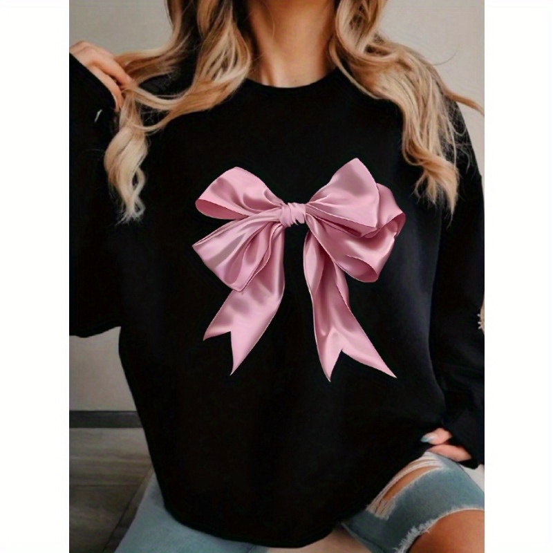 

Sweatshirt Imprimé avec Nœud Rose, Sweatshirt Décontracté à Col Rond pour Automne & Printemps, Vêtements pour Femmes