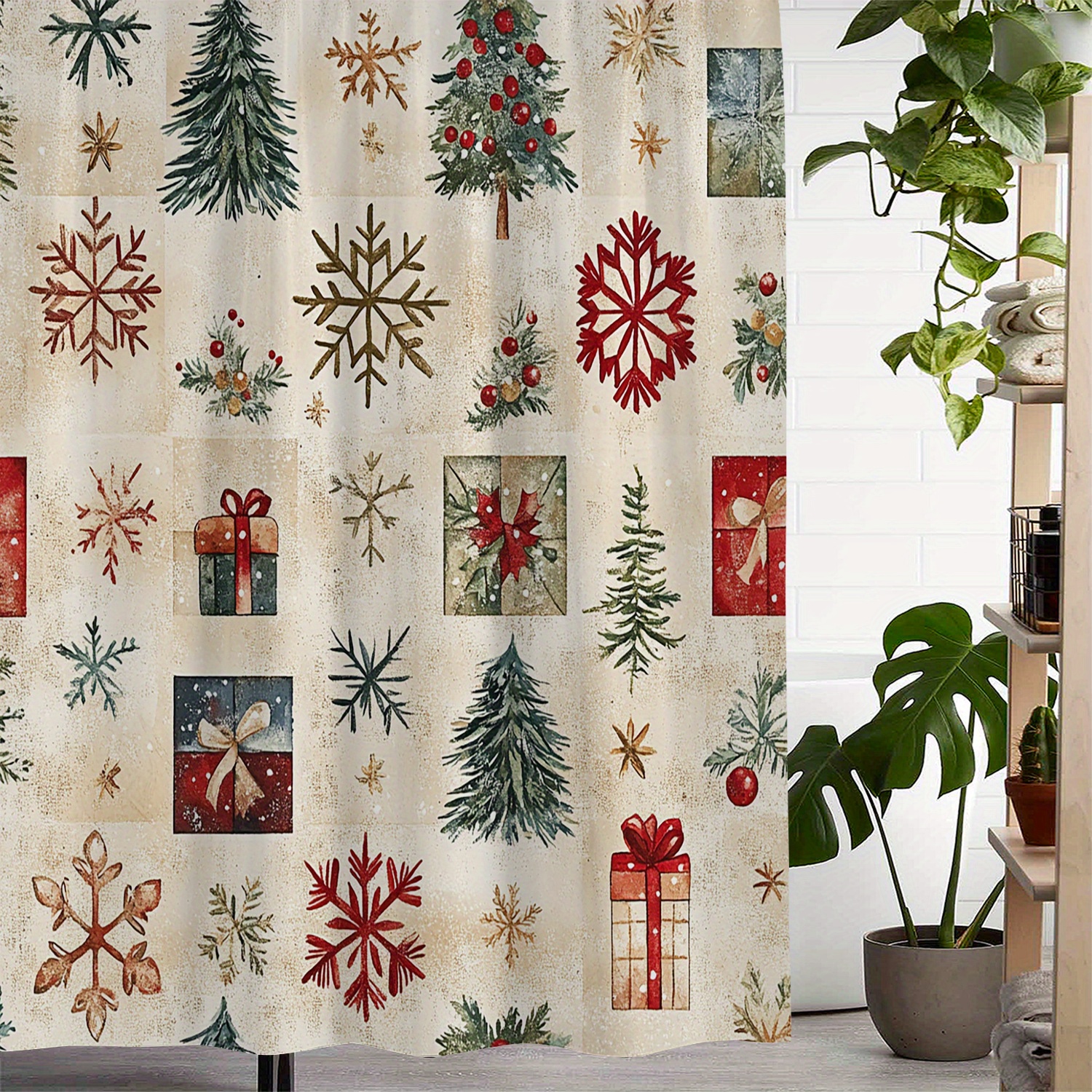 

Open A Christmas Tree And Gift Christmas Shower Curtain Printed Waterproof Bath Curtain, Curtain With 12 Hooks Curtain For Windows