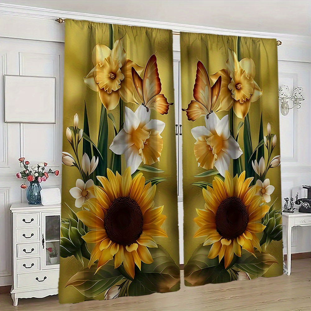 

2pcs Contemporary Flower Butterfly Printed Semi-transparent Polyester Curtains - Easy Machine Wash, For Living Room, Bedroom, Office - No-electricity Decorative Drapes